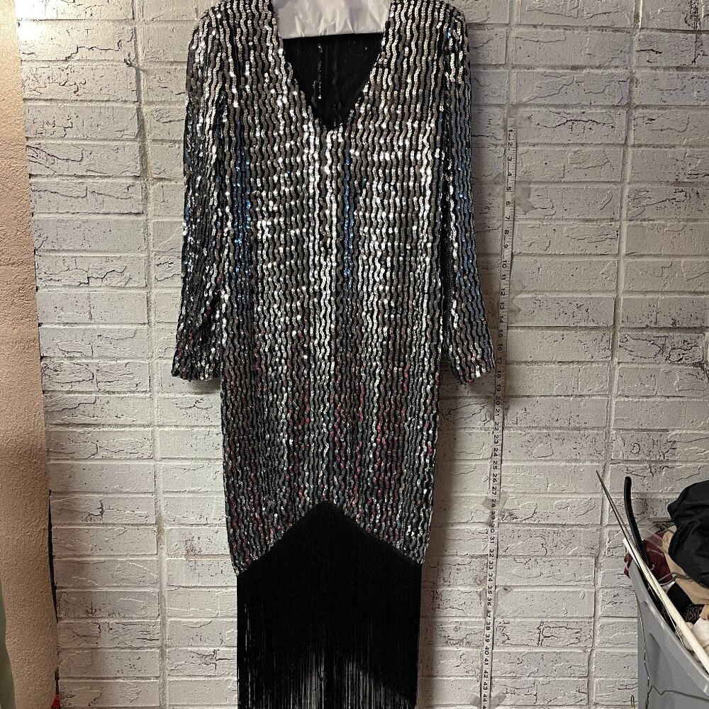 Vintage Joy Stevens Sequin Fringe Flapper Dress | Size 12 | Art Deco Party Glam